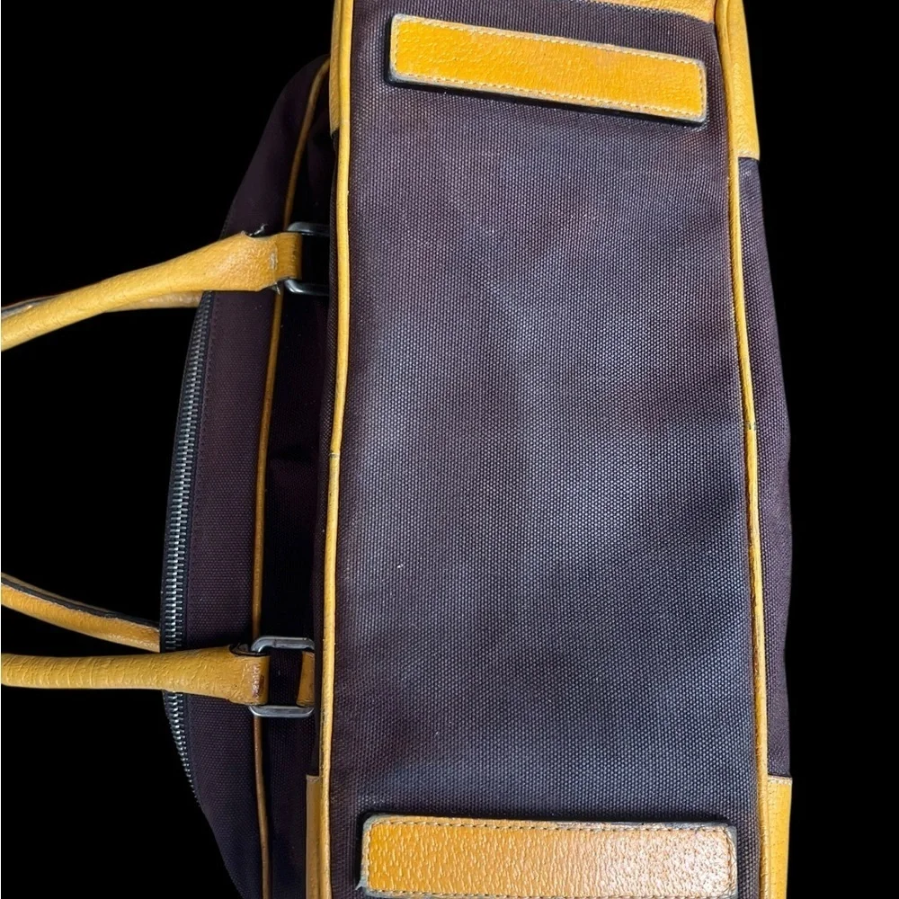 Prada Satchel in Rich Brown canvas and Vibrant Yellow Leather